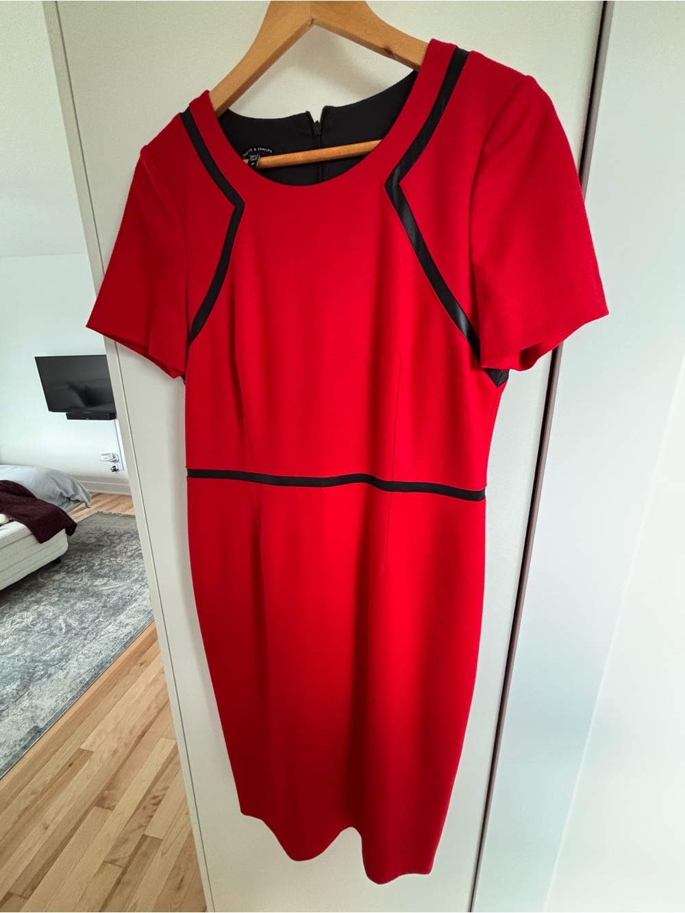 Red Midi Sheath Dress with Black Trim